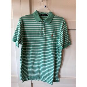 Polo Ralph Lauren Green & White Striped Collard Pullover Men Short Sleeve Medium